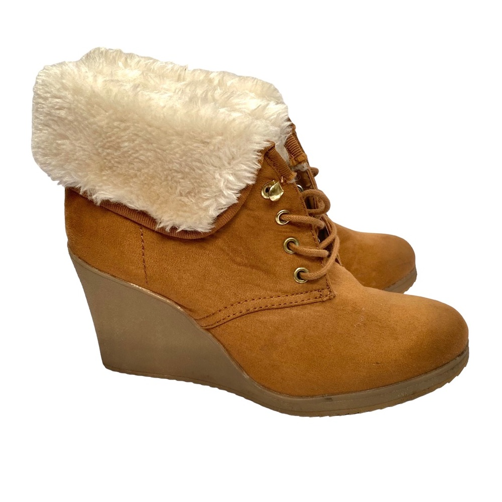 White Mt Brown Wedge Booties Shearling Fur Trim size 7 M